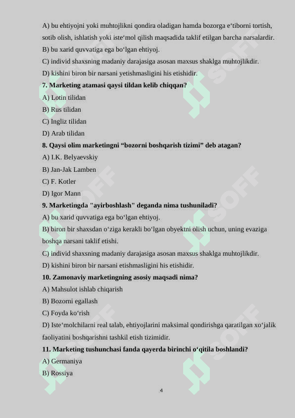 MARKETING FANIDAN TESTLAR TO'PLAMI 4