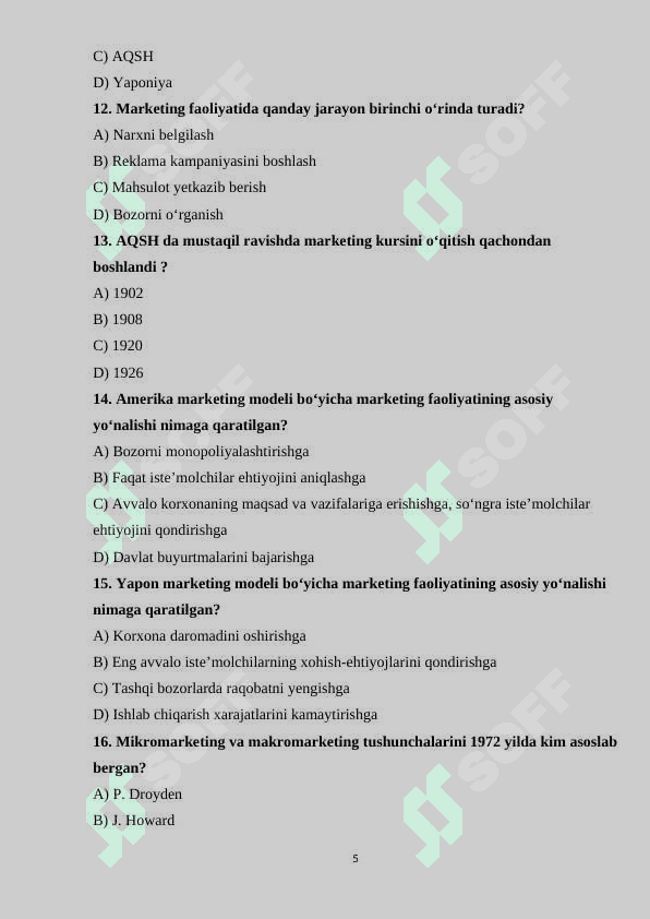 MARKETING FANIDAN TESTLAR TO'PLAMI 5