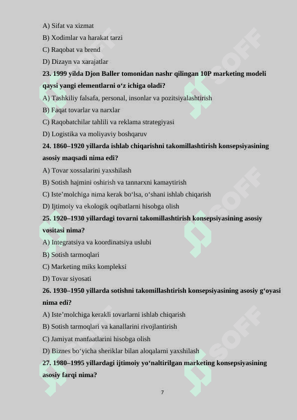 MARKETING FANIDAN TESTLAR TO'PLAMI 7