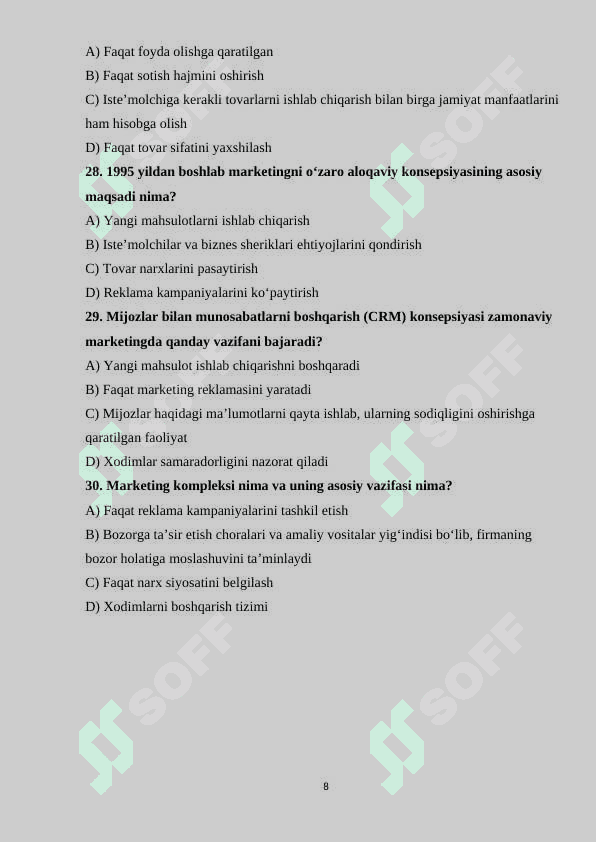 MARKETING FANIDAN TESTLAR TO'PLAMI 8