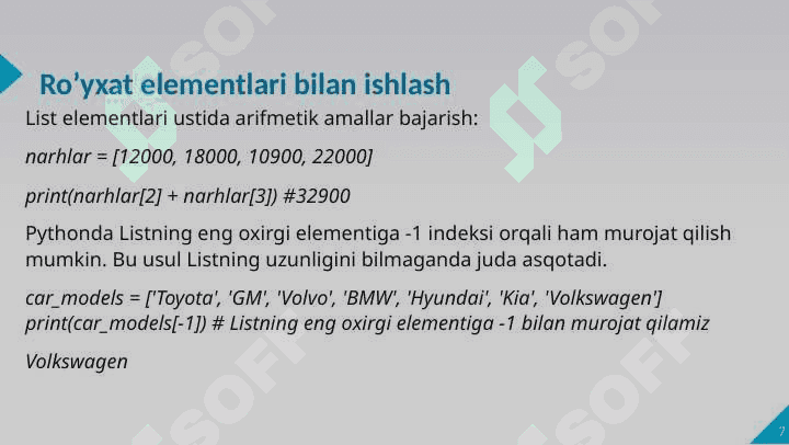 Ro‘yxatlar, ro‘yxatlar bilan ishlash, for takrorlash operatori 7
