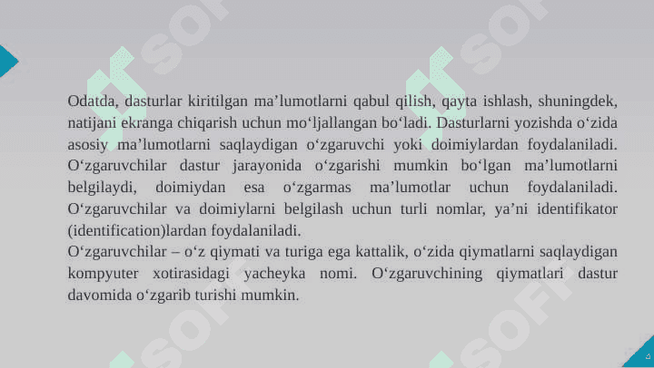 Pythonda ma’lumotlar turlari. Sonlar. Sonlar ustida bajariladigan asosiy arifmetik amallar 4