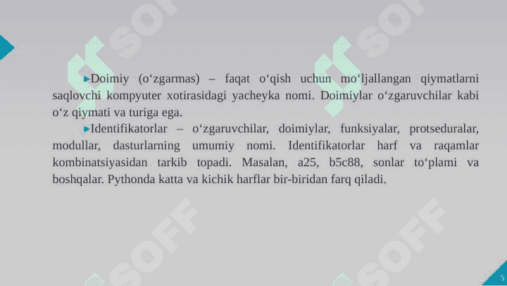 Pythonda ma’lumotlar turlari. Sonlar. Sonlar ustida bajariladigan asosiy arifmetik amallar 5