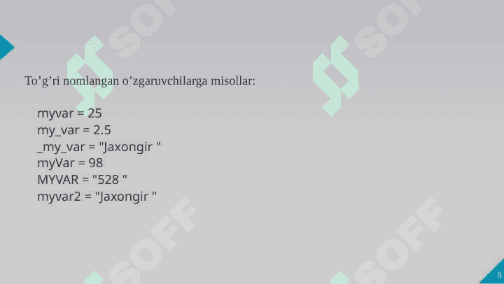 Pythonda ma’lumotlar turlari. Sonlar. Sonlar ustida bajariladigan asosiy arifmetik amallar 8