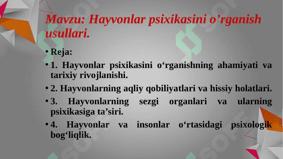 Hayvonlar psixikasini o’rganish usullari 2
