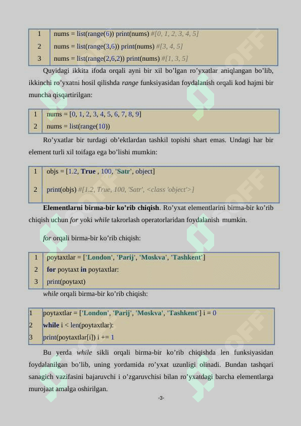 4 Ma'ruza  Python dasturlash tili orqali Ro‘yxat bilan ishlash o‘zgarmas ro‘yxatlar (list) va massivlar 3