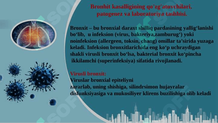 Bronhit kasalligining qo'zg'atuvchilari, patogenez va laboratoriya tashhisi. 
Gemofil bakteriyalarni (inflyuensa tayoqchasi, yumshoq shankr qo'zg'atuvchisi) 
amaliyotdagi ahamiyati, tashhisi. 3