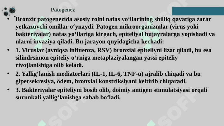 Bronhit kasalligining qo'zg'atuvchilari, patogenez va laboratoriya tashhisi. 
Gemofil bakteriyalarni (inflyuensa tayoqchasi, yumshoq shankr qo'zg'atuvchisi) 
amaliyotdagi ahamiyati, tashhisi. 6