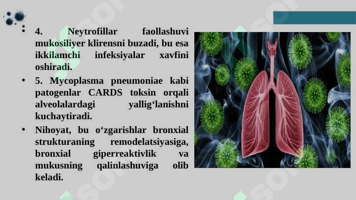 Bronhit kasalligining qo'zg'atuvchilari, patogenez va laboratoriya tashhisi. 
Gemofil bakteriyalarni (inflyuensa tayoqchasi, yumshoq shankr qo'zg'atuvchisi) 
amaliyotdagi ahamiyati, tashhisi. 7