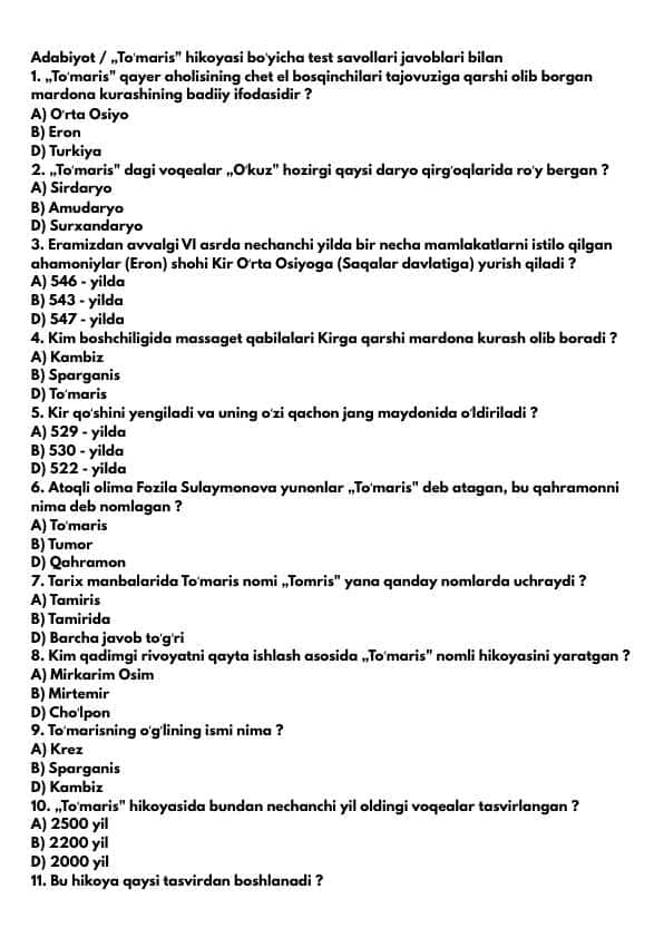 „Toʻmaris" hikoyasi boʻyicha test savollari javoblari bilan