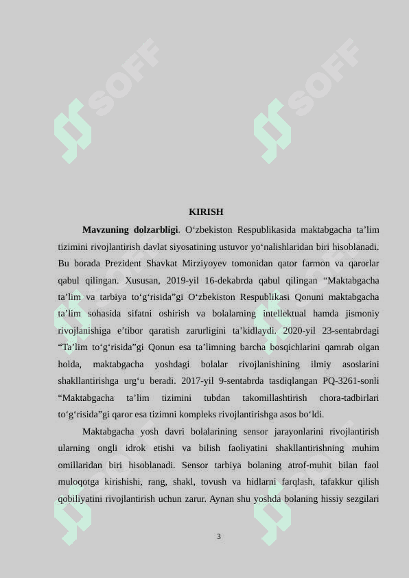 MAKTABGACHA YOSH – SENSOR JARAYONLARNI  RIVOJLANISH DAVRI 3