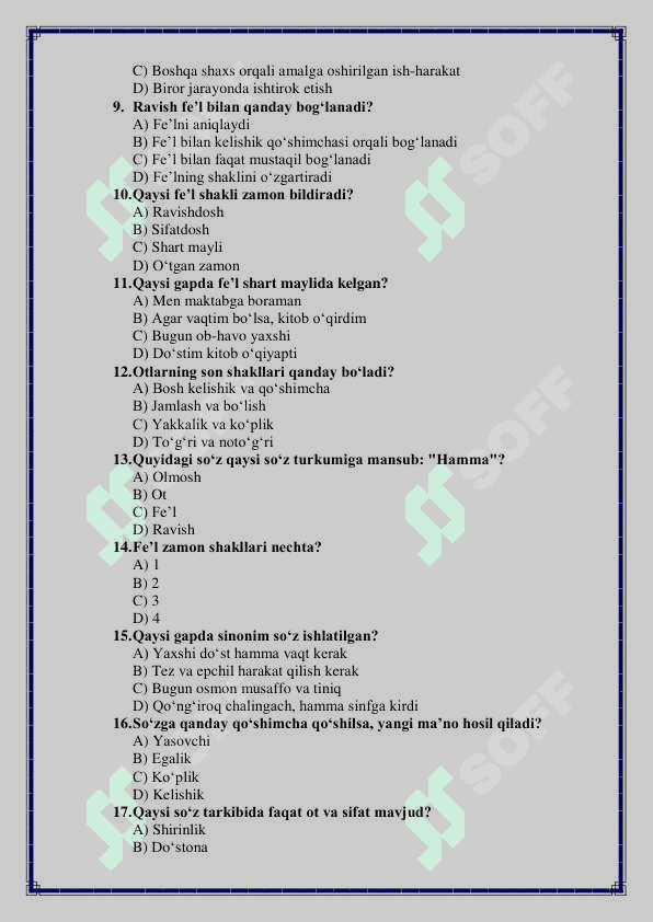 5-sinf Ona tili va Adabiyot fanidan 3-chorak uchun test savollari 2