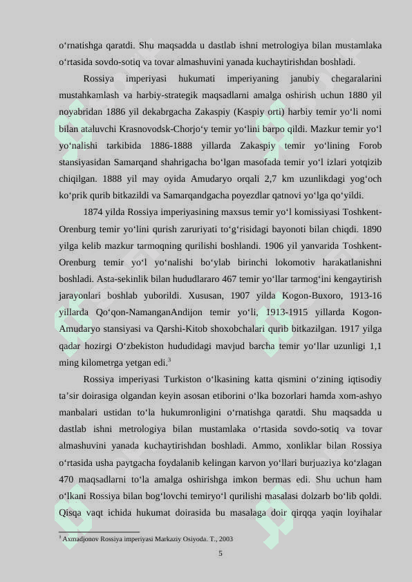 Oʻrta Osiyo Temir yoʻli. Uning imperiya va oʻlka iqtisodida tutgan oʻrni 5