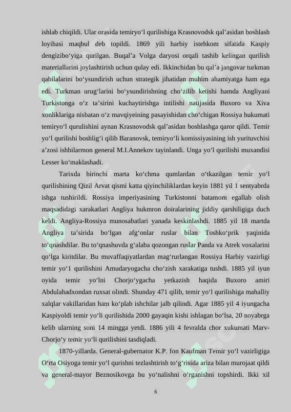 Oʻrta Osiyo Temir yoʻli. Uning imperiya va oʻlka iqtisodida tutgan oʻrni 6