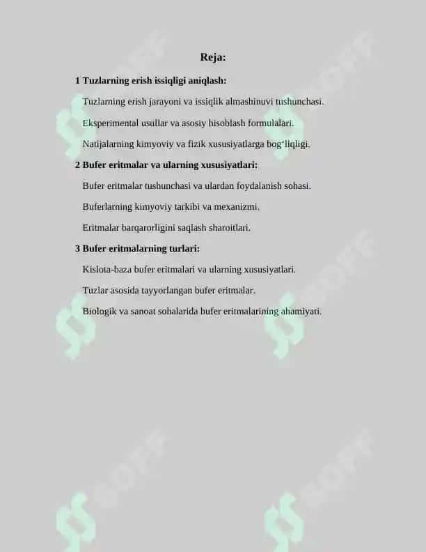 Tuzlarning erish issiqligi aniqlash. Bufer eritmalar va ularning turlari. 2