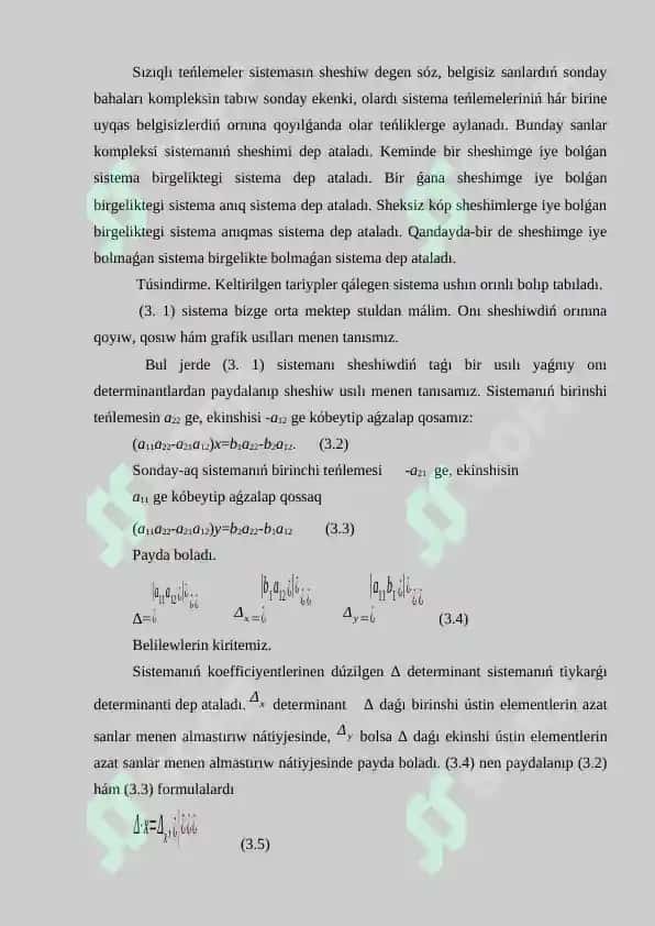 Sızıqlı teńlemeler sistemasın Kramer usılı arqalı sheshiw 2