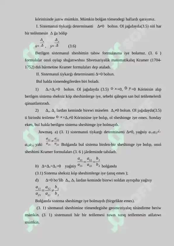 Sızıqlı teńlemeler sistemasın Kramer usılı arqalı sheshiw 3