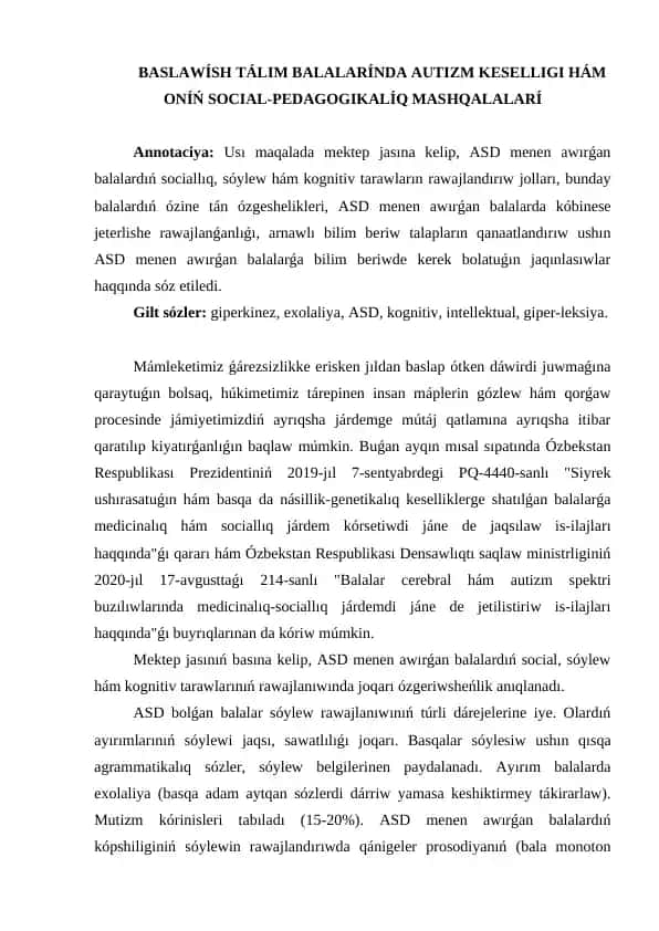 BASLAWÍSH TÁLIM BALALARÍNDA AUTIZM KESELLIGI HÁM ONÍŃ SOCIAL.docx