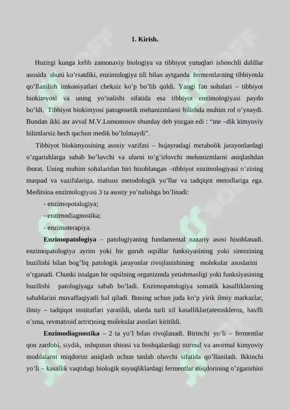 Fermentlarning qo'llanilishi va tibbiyotda ular faolligini aniqlash. Referat 12 bet 2