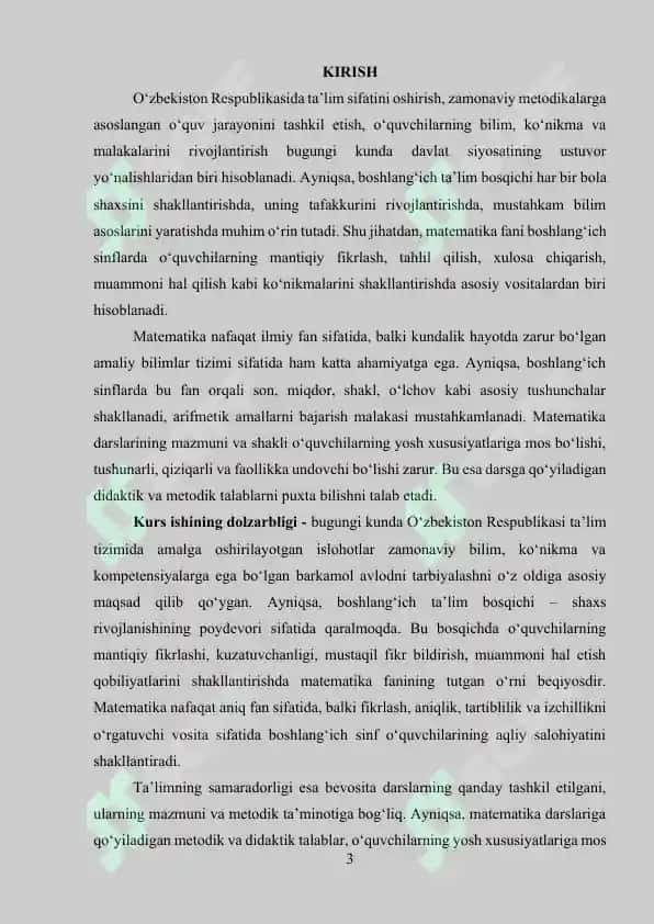 Boshlang’ich sinflarning matematika darslari va ularga qo’yiladigan talablar 3