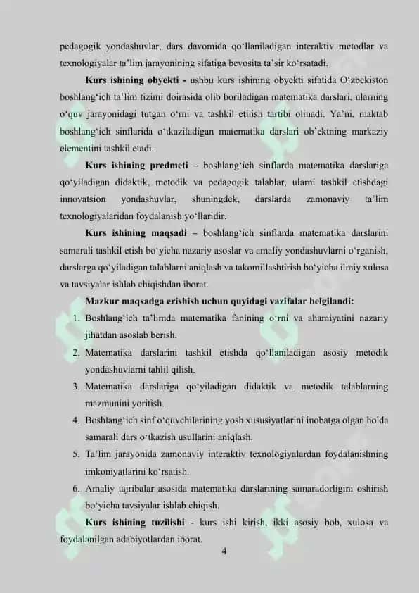 Boshlang’ich sinflarning matematika darslari va ularga qo’yiladigan talablar 4