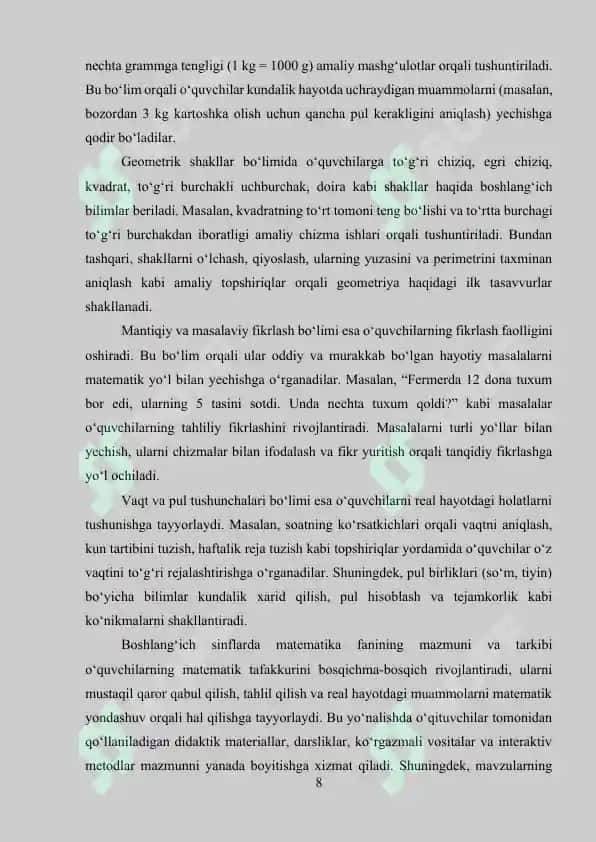Boshlang’ich sinflarning matematika darslari va ularga qo’yiladigan talablar 8