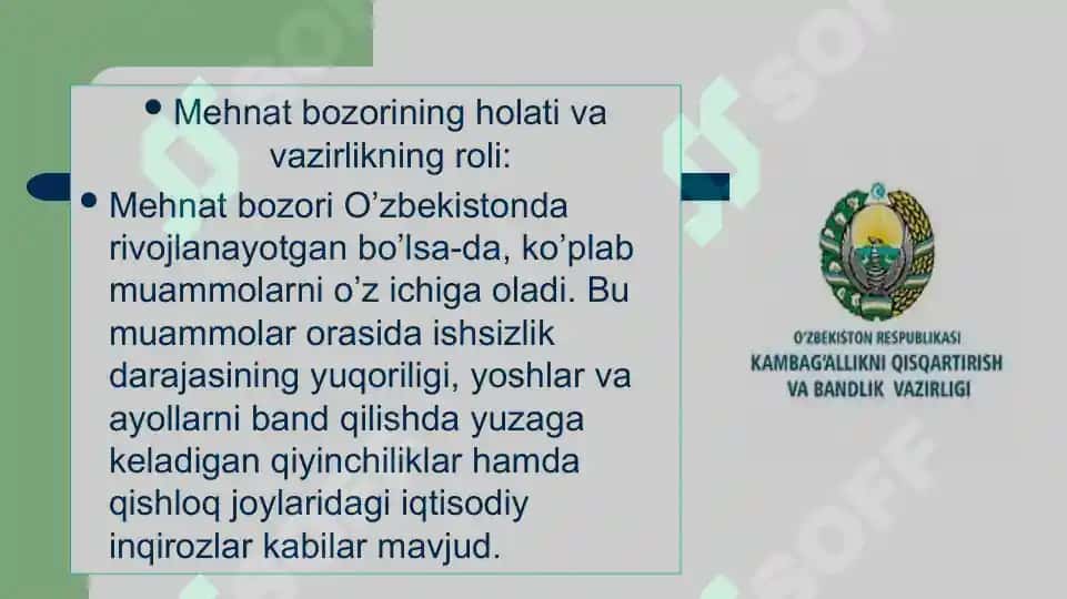 O’zbekiston Respublikasi Bandlik va mehnat munosabatlari vazirligining mehnat bozoridagi tutgan o’rni 4
