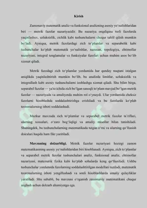 Metrik fazolarda zich to’plamlar. Separabel metrik fazolar 3