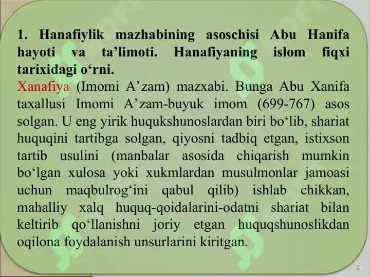 Hanafiya mazxabining o`rni 2