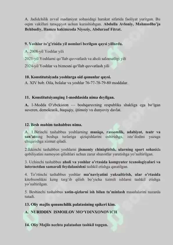 Yoshlar yetakchiligiga suhbat savollari. Javoblari bilan 2