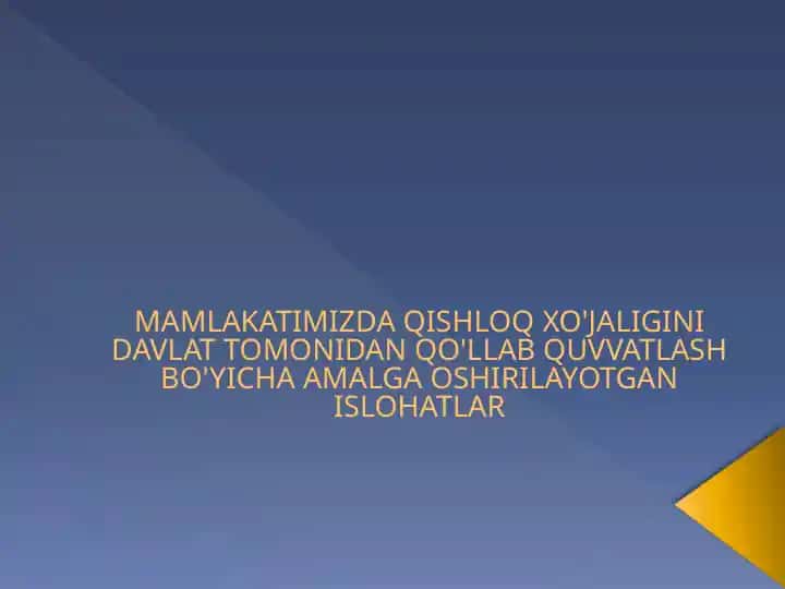 MAMLAKATIMIZDA QISHLOQ XO'JALIGINI DAVLAT TOMONIDAN QO'LLAB QUVVATLASH BO'YICHA AMALGA OSHIRILAYOTGAN ISLOHATLAR