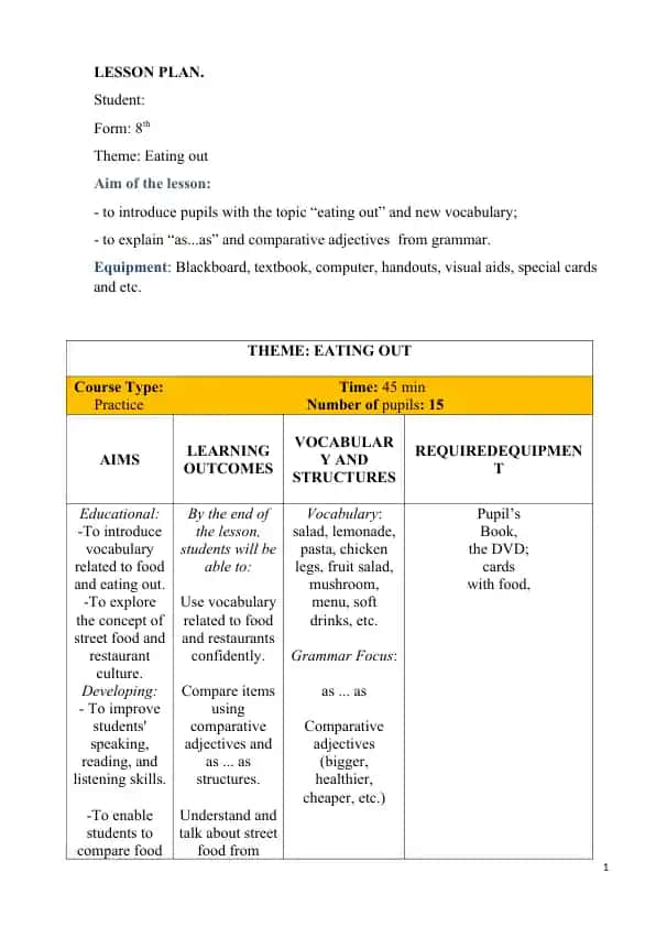 eating out lesson plan