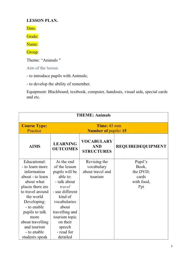 lesson plan animals