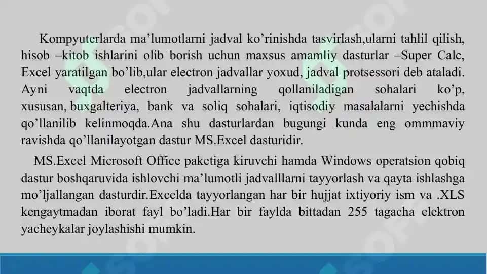 MS Excel dasturi imkoniyatlari, qo‘llanish sohalari. Taqdimot 12 bet. 3