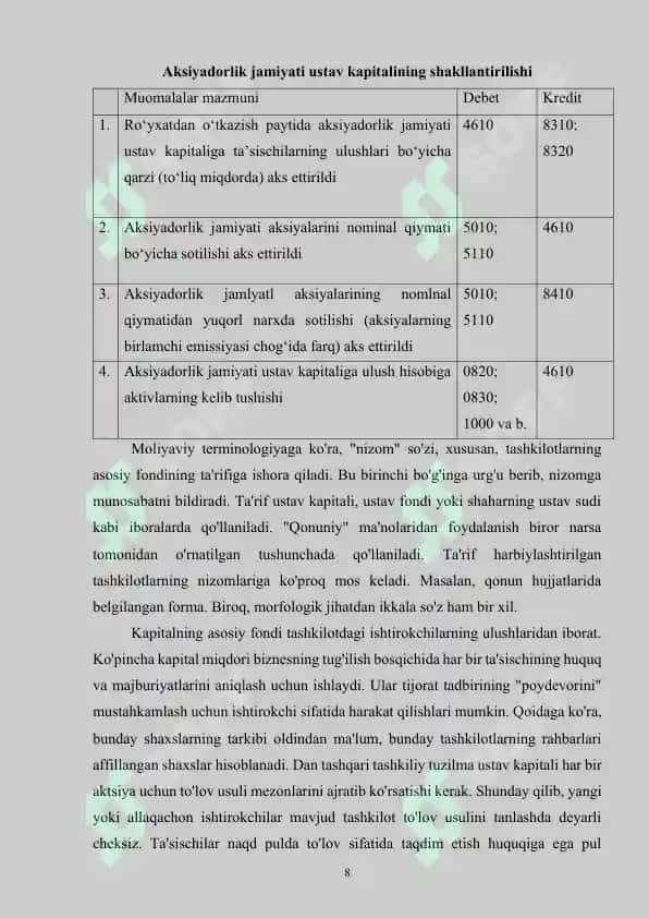 Ustav kapitalining shakllanishi va ularning hisobini tashkil qilish 8