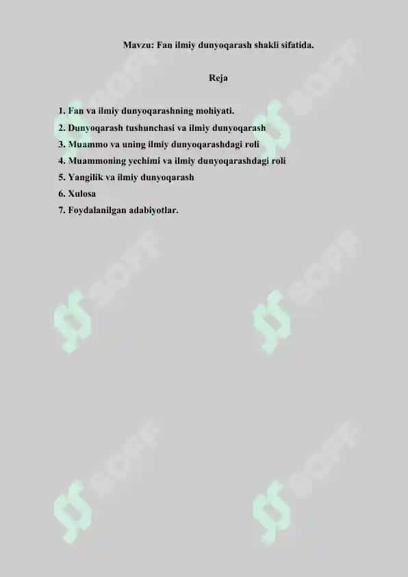 Fan ilmiy dunyoqarash shakli sifatida. Referat 21 bet. 2