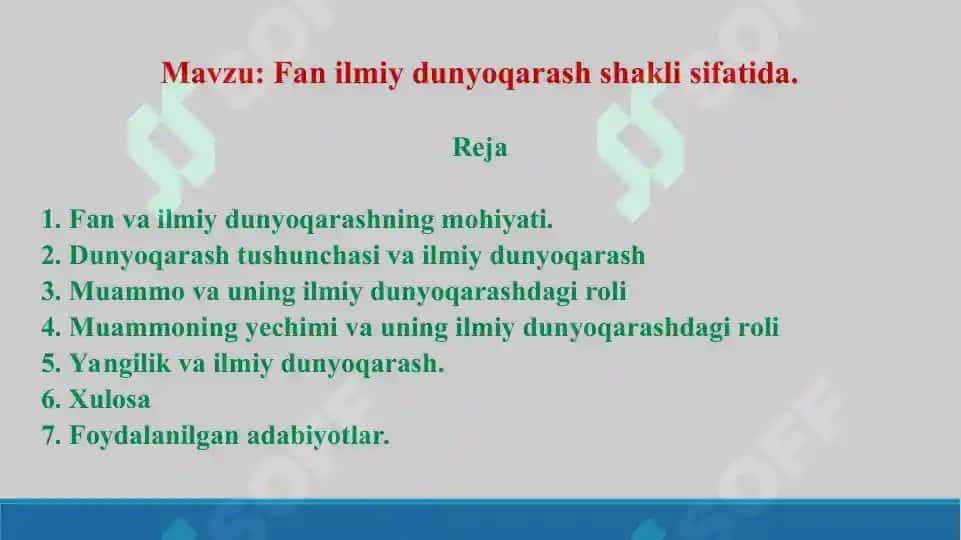 Fan ilmiy dunyoqarash shakli sifatida. Taqdimot 20 bet. 2