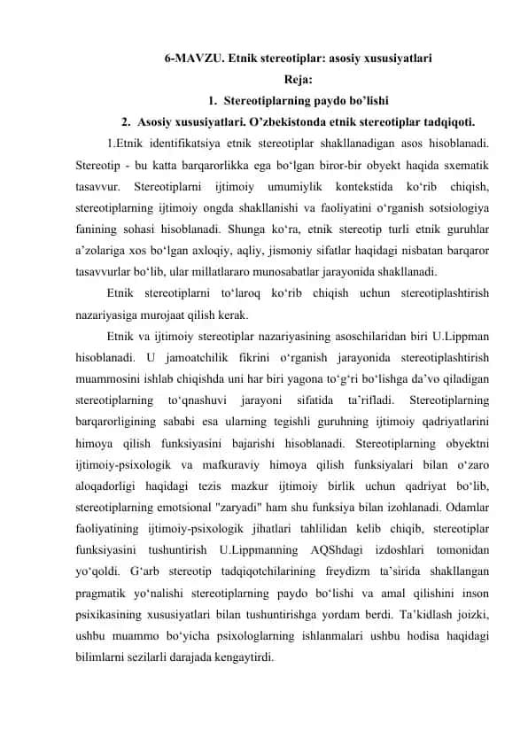 Etnik stereotiplar: asosiy xususiyatlari