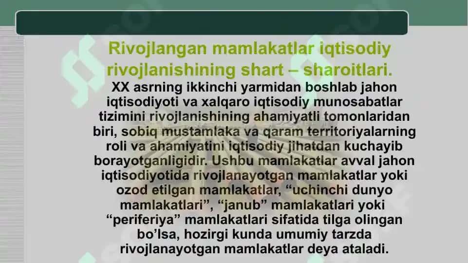Jahon xo‘jaligida rivojlangan mamlakatlar iqtisodiyoti 2