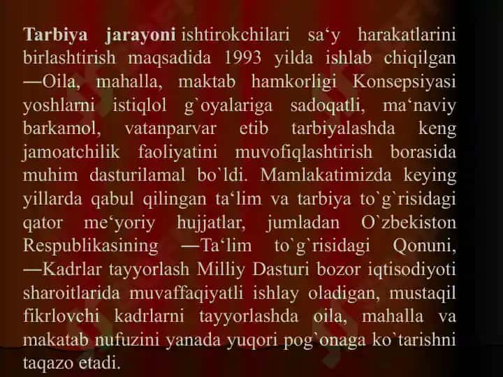 Oila mahalla va ta'lim muassasalarida tarbiya o'rni 2