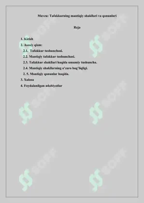Tafakkurning mantiqiy shakllari va qonunlari. Referat 17 bet. 2