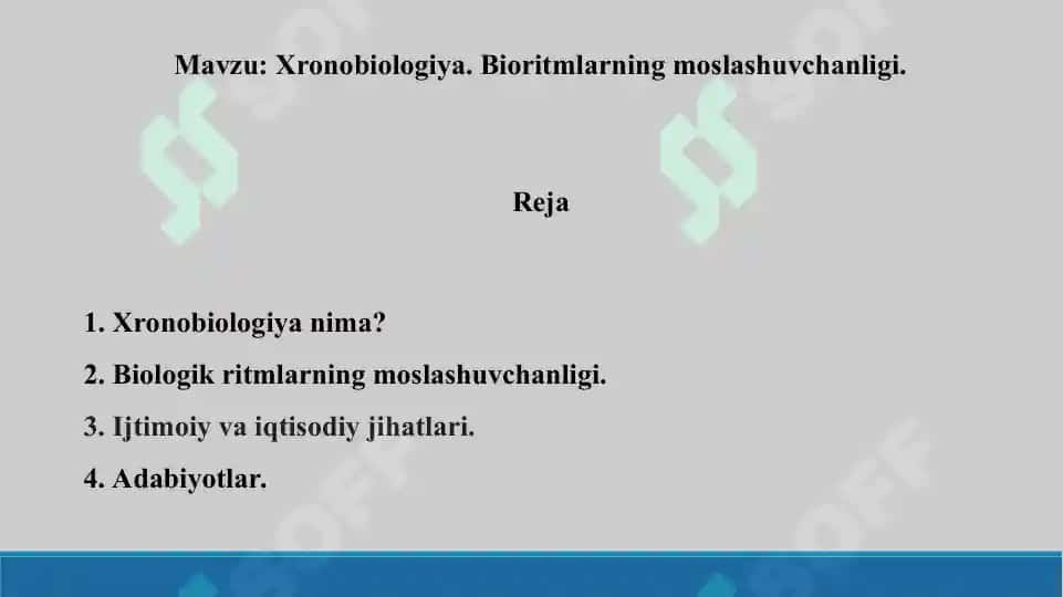 19. Xronobiologiya. Bioritmlarning moslashuvchanligi. Taqdimot 10 bet. 2