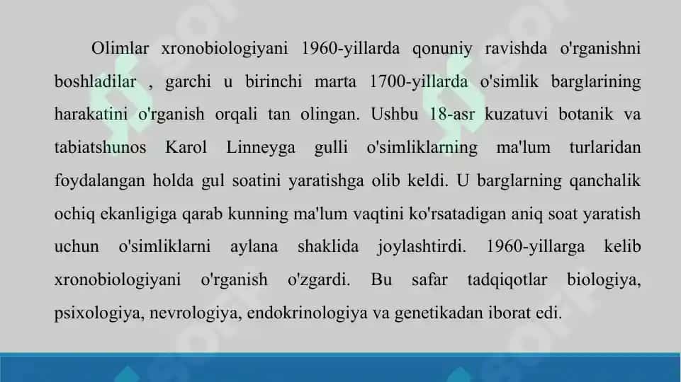 19. Xronobiologiya. Bioritmlarning moslashuvchanligi. Taqdimot 10 bet. 4