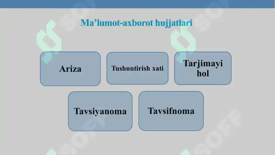 Ma'lumot-axborot hujjatlari ariza, tushuntirish hati, bildirishnoma, tilxat Tavsifnoma 4