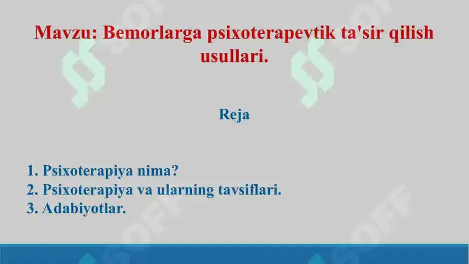 5. Bemorlarga psixoterapevtik ta'sir qilish usullari. Taqdimot 13 bet. 2