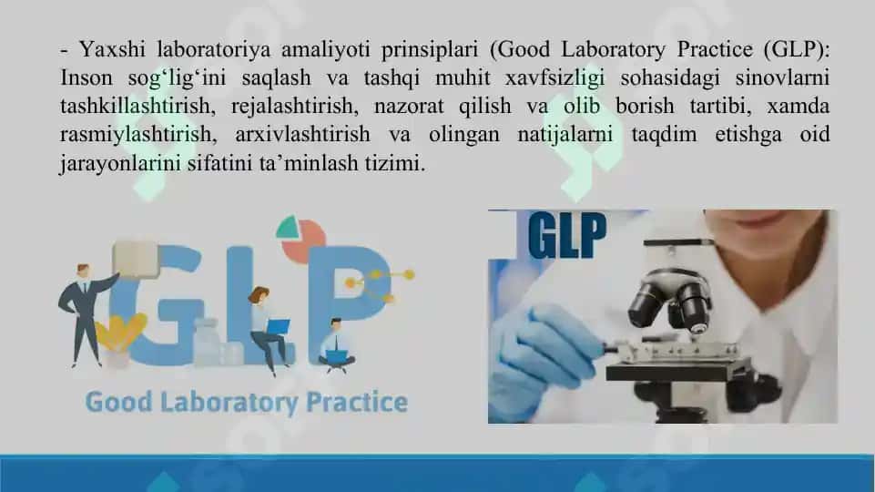 Farmatsevtik tashkilotlarini boshqaruv tizimida xalqaro standartlar (GMP,  GLP, GCP, GLP, GDP, GPP, GSP VA ISO) haqida tushuncha va uning ahamiyati. Taqdimot 17 bet. 6