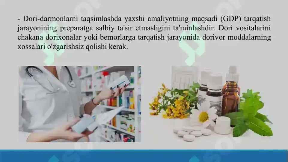 Farmatsevtik tashkilotlarini boshqaruv tizimida xalqaro standartlar (GMP,  GLP, GCP, GLP, GDP, GPP, GSP VA ISO) haqida tushuncha va uning ahamiyati. Taqdimot 17 bet. 8