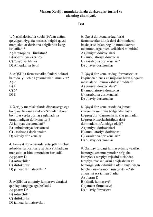 4. Xorijiy mamlakatlarda dorixonalar turlari va ularning ahamiyati. Test 15 ta, javobli.
