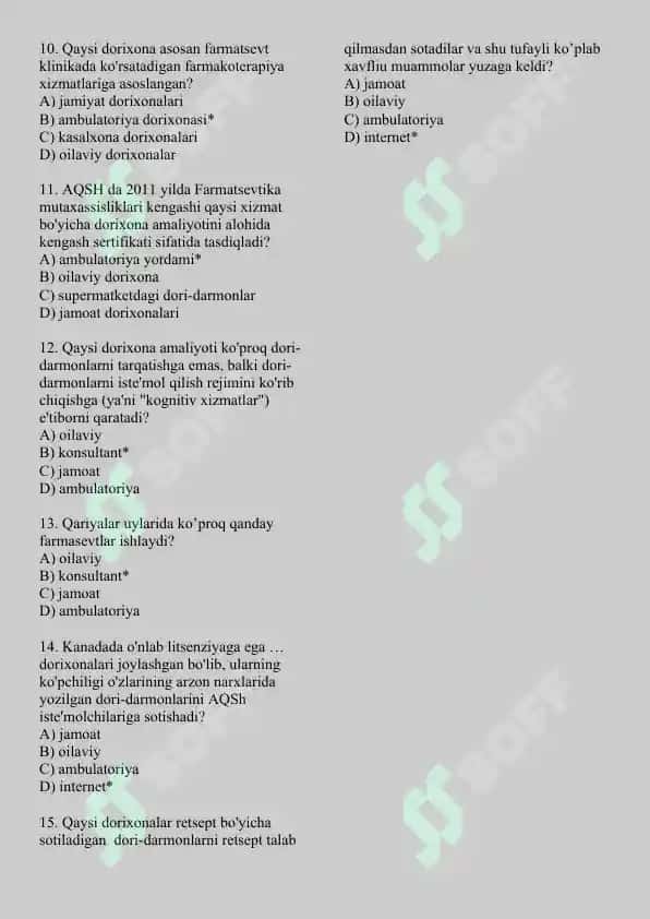 4. Xorijiy mamlakatlarda dorixonalar turlari va ularning ahamiyati. Test 15 ta, javobli. 2