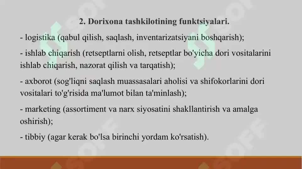 6. Dorixona tarmoqlarining faoliyati. Taqdimot 13 bet. Yuzakiroq yoritilgan. 4